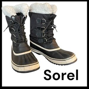 Sorel Black/White Winter Carnival Waterproof Faux Shearling Lace Up Boots (7)